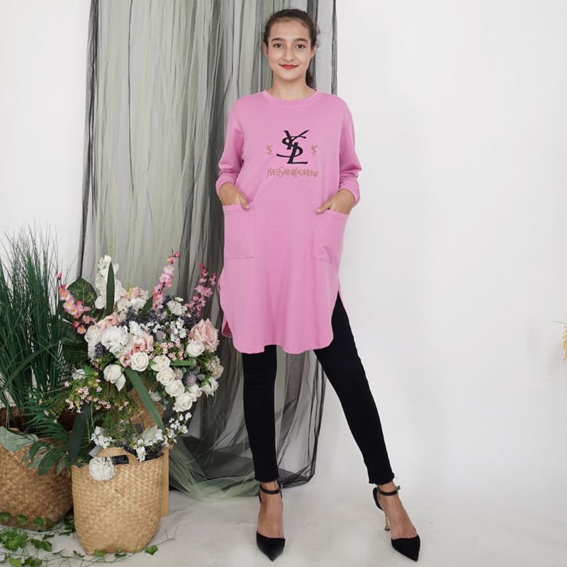 Kaos Tunik Wanita Pink Tangan Panjang