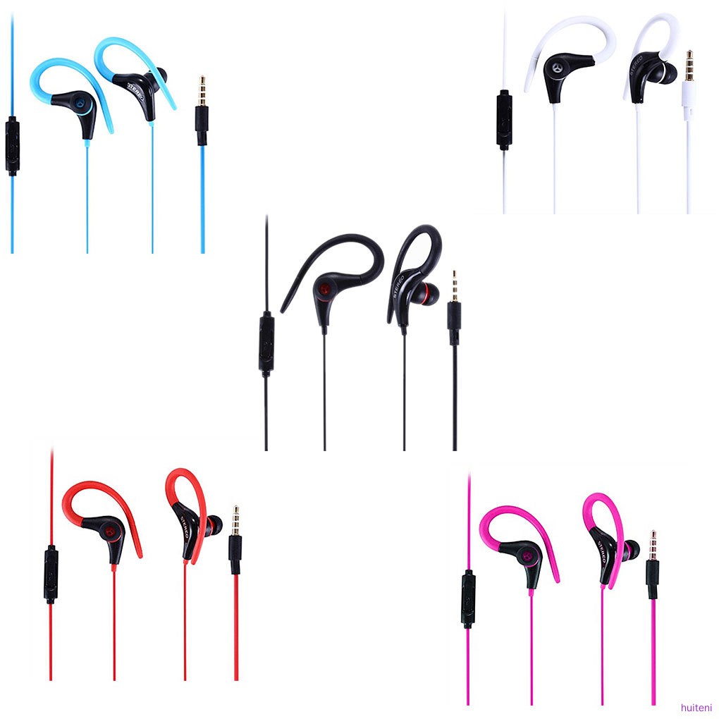 Headset Earphone Kait Telinga Sport Stereo Dengan Mic + Kabel Jack 3.5mm Untuk Smartphone Huiteni