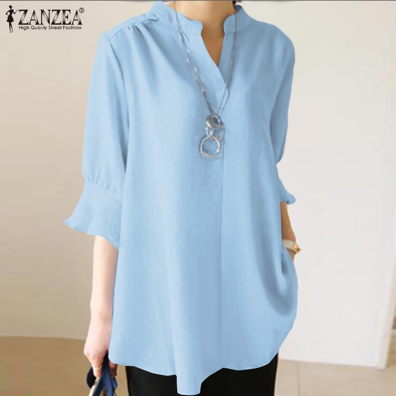 ZANZEA Womens Short Sleeve V Neck Cotton Casual Loose Blouse