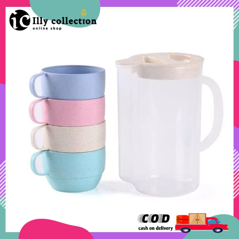Mug Jerami Gandum Set 5 in 1 Teko Dengan Cangkir