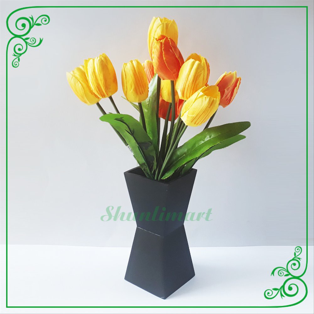 Bunga Tulip Holland Rangkaian Artificial Vas Kayu Hiasan Rumah De