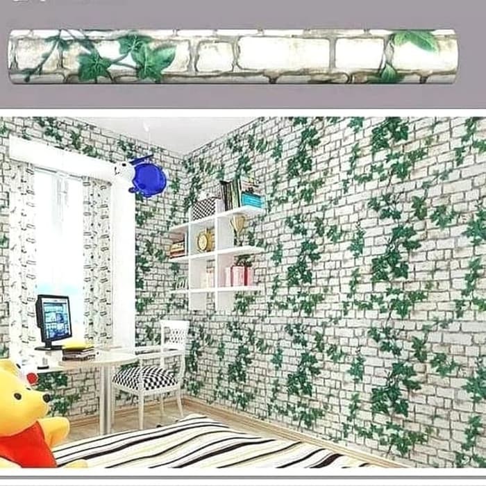 Harga Spesial  Wallpaper Dinding  Sticker Termurah | Batu Bata Putih Daun Merambat wallaper batu ala