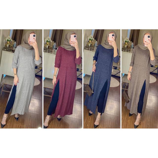 LONG TUNIK MAXY BELAH KAOS RAJUT KNIT IMPORT * MURAH BERKUALITAS * (BONUS LIP PAINT PREMIUM)