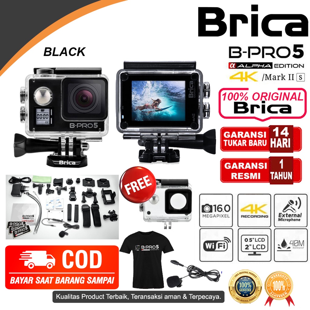 Brica B-Pro 5 Alpha Edition Action Cam AE3S -  AE Basic - AE Lite - AE1 4K - AE2 - AE2S - Kamera Brica-AE2S BLACK + TSHIRT