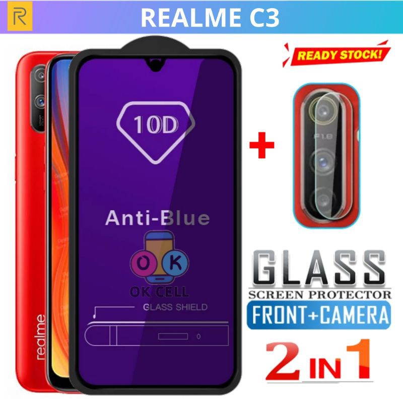 2in1- Tempered Glass Anti Blue Light Realme C3 - Tg Anti Gores Blue Radiasi Realmi C3 Full Layar