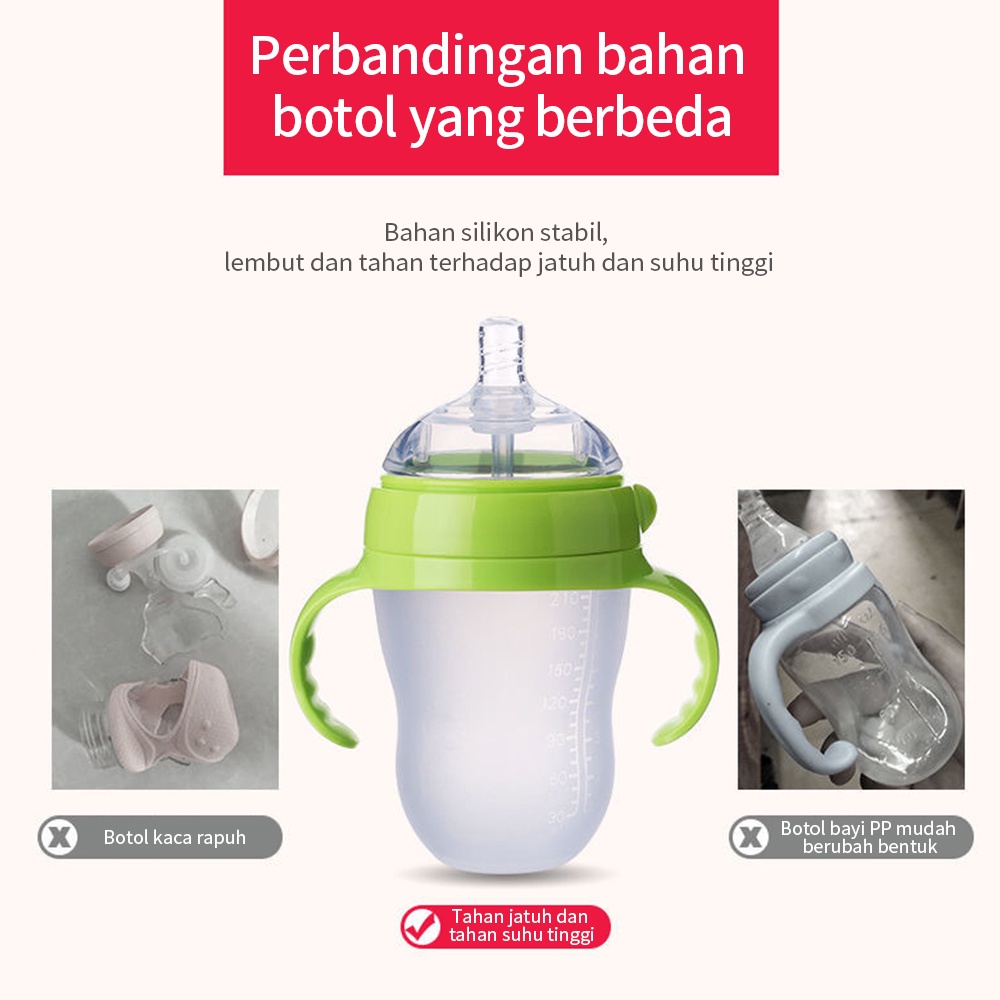 Aikoky Piko bello botol susu bayi Bahan silikon botol bayi leher lebar dengan pegangan dan jerami