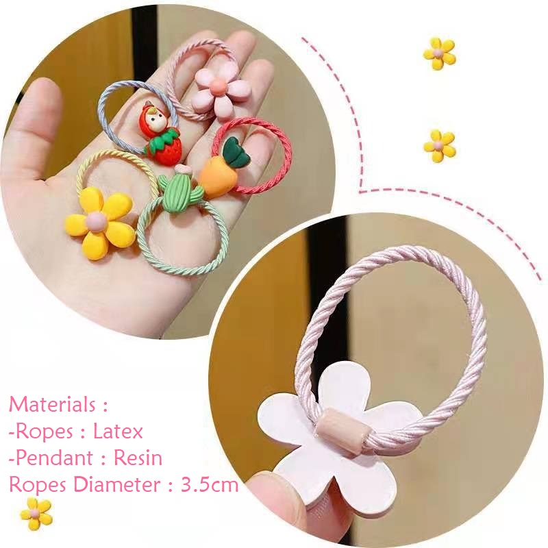 [5pcs] Ikat Rambut Korea Lucu Aksen Manik Wanita Remaja &amp; Anak Perempuan Pendant Elastic Hair Ropes