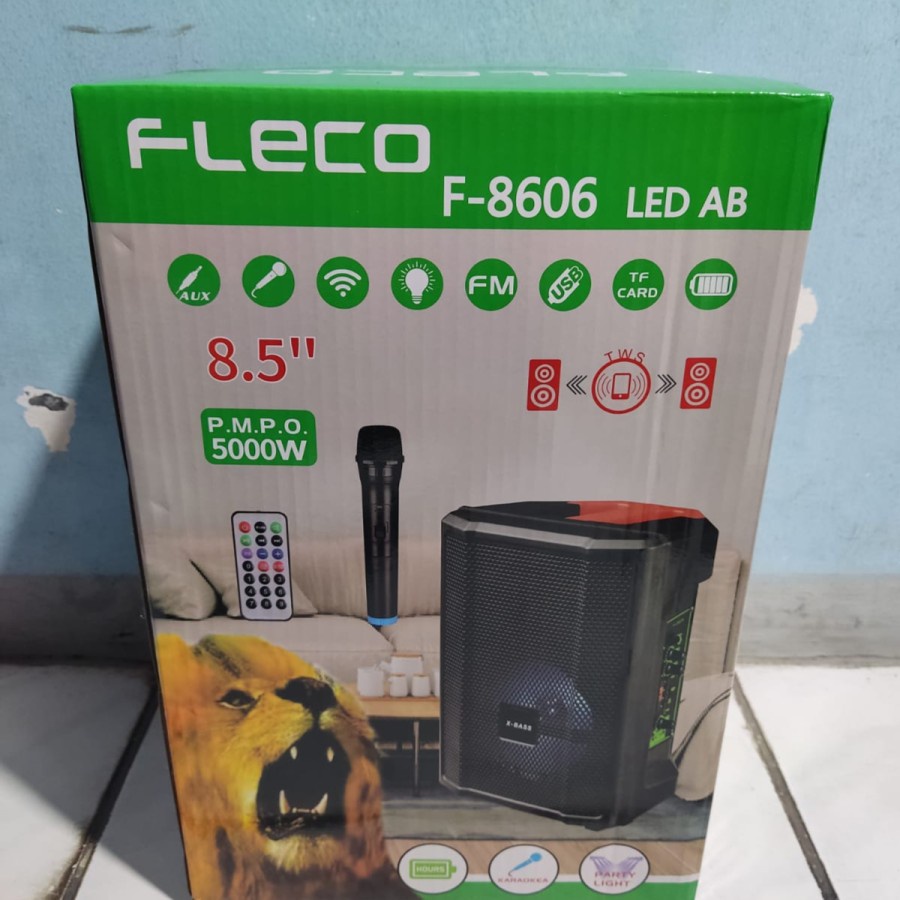 SPEAKER BLUETOOTH FLECO F-8606 AB LED 8'5 INCH FREE MIC WIRELESS KARAOKE + REMOTE - SPEAKER KARAOKE FULL BASS | FMS