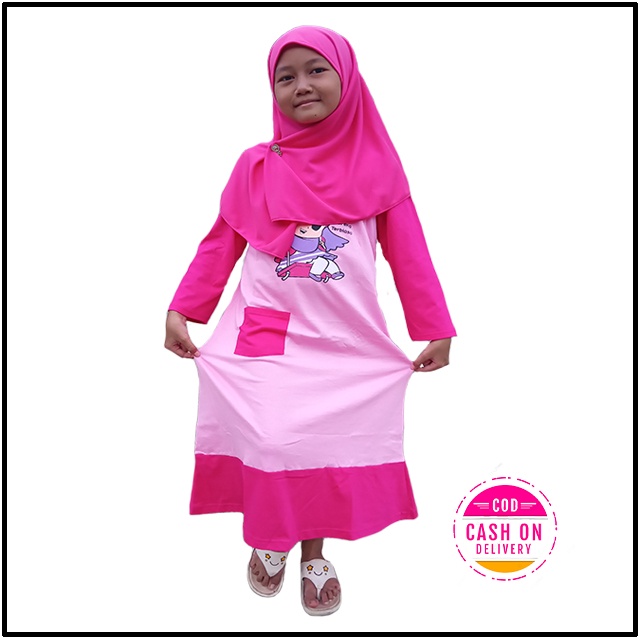 Set gamis hijab anak bahan kaos / Gamis plus kerudung / Gamis anak karakter muslim / Gamis syar'i