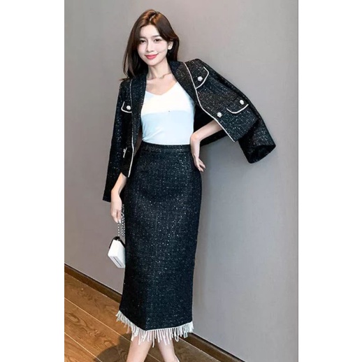 glamour set tag tweed blazer with midi skirt