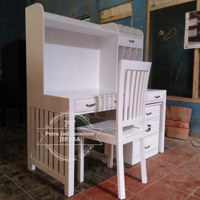 Furniture Jati  Meja Belajar Warna Putih Duco Meja Kerja Kayu Jati & Nakas