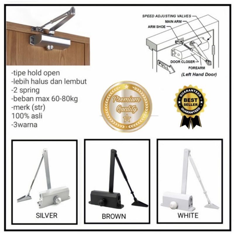 Door Closer Otomatis Hold Open /Penahan Pintu Kayu &amp; Alumunium Satu Set Lengkap