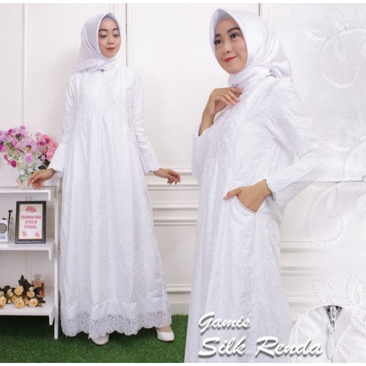 GAMIS PUTIH SUTRA PARIS RENDA KERANCANG KANTONG SAMPING | GAMIS KATUN PARIS KANTONG SAMPING | GAMIS 