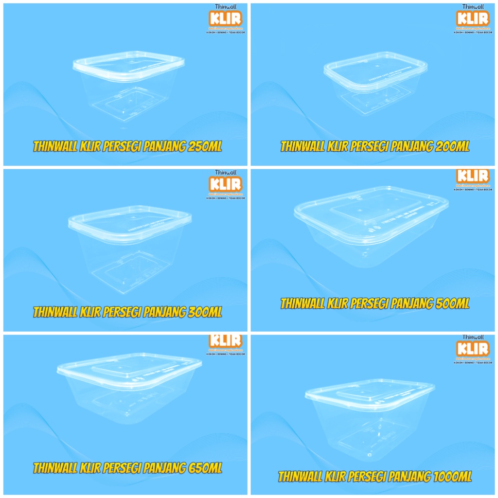Thinwall Persegi Panjang KLIR 200ml/250ml/300ml/500ml/650ml/750ml/1000ml Kotak Tempat Makan Bening