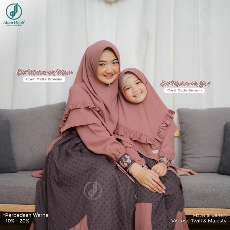 Couple Mom & Girls Eid Mubarak Alwa Hijab | Coral Matte Brownies