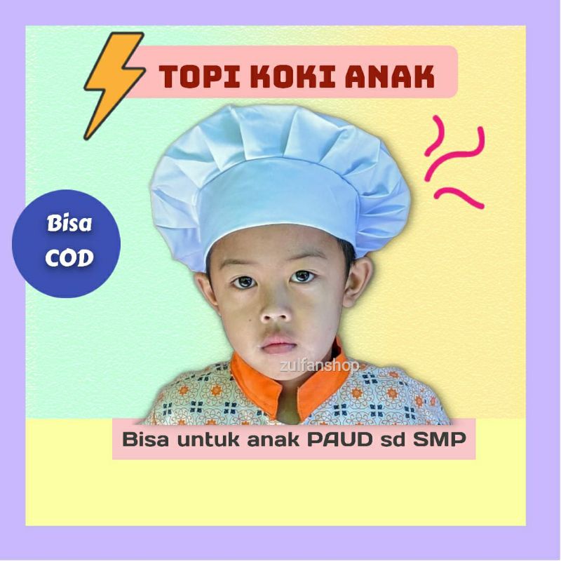 Topi chef anak / topi koki / topi masak anak usia TK sd SMP warna putih model jamur  junior koki cil