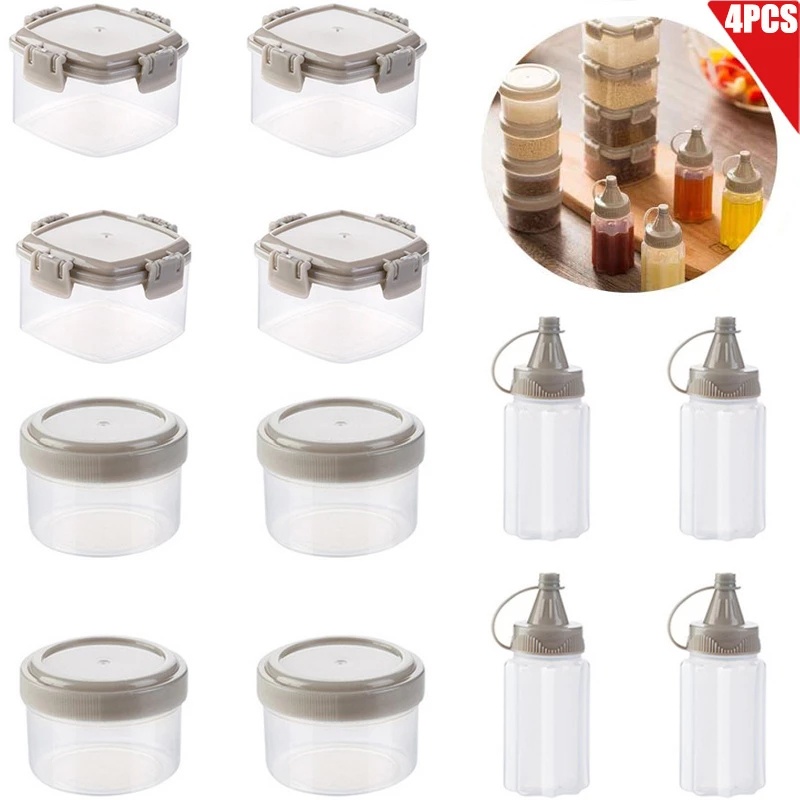 4pcs / Set Botol Dispenser Bumbu / Saus / Garam / Rempah-Rempah Mini Transparan Dengan Tutup