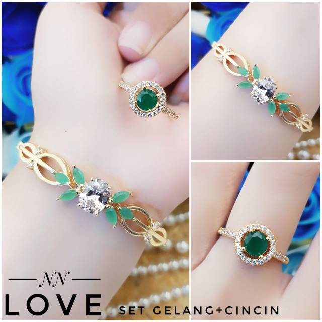 TERMURAH Set Perhiasan Lapis Emas Xuping Gelang Cincin Permata Batu Giok Hijau Gold Mewah Titanium