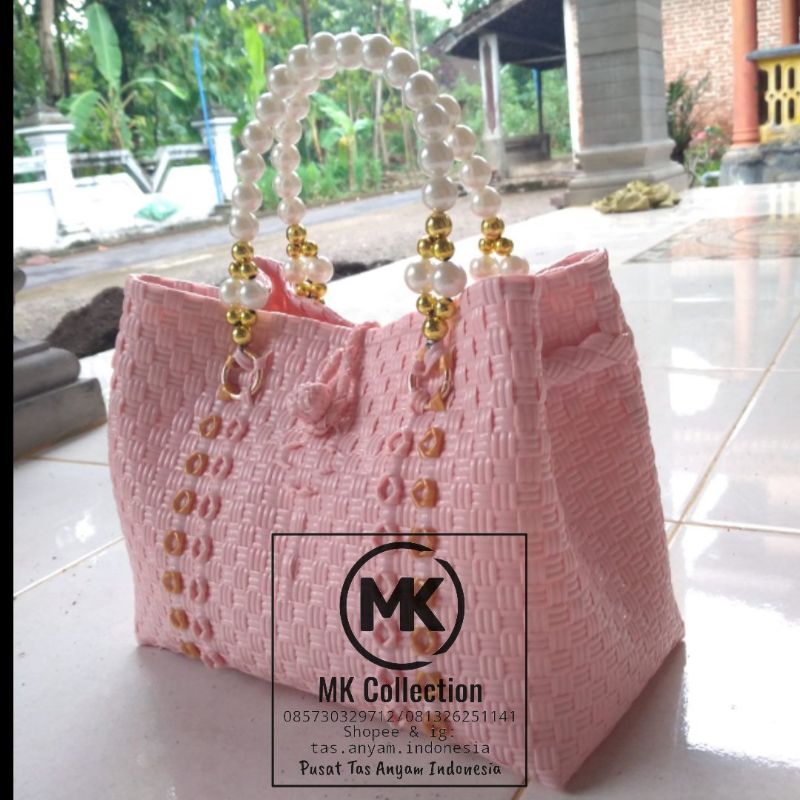 TAS ANYAM JALI HANDLE MUTIARA SIZE M WARNA SALEM