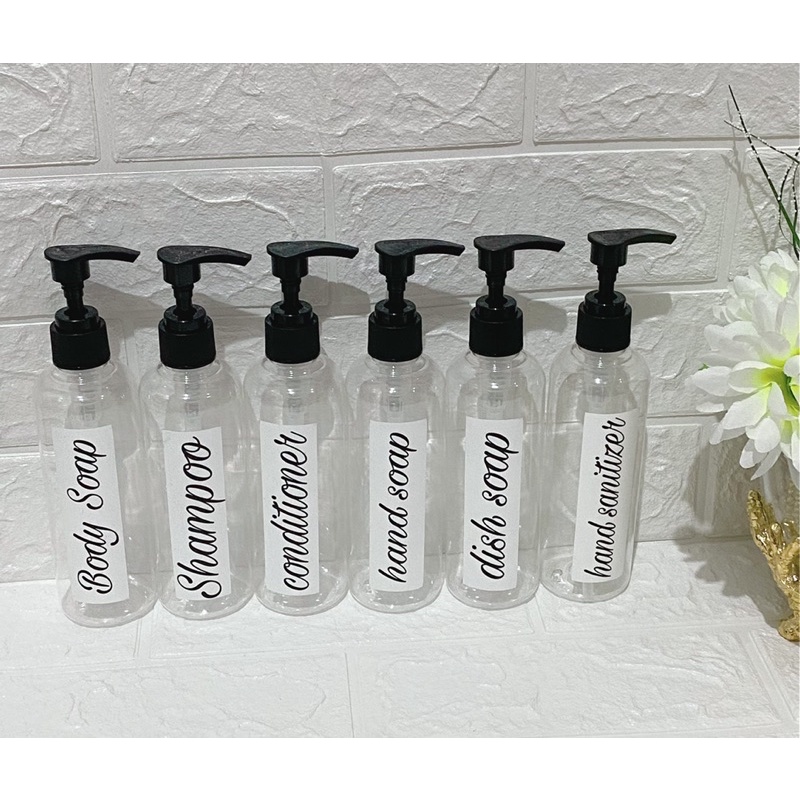 botol 250ml bening stiker putih . aesthetic bottle minimalist refill organizer tempat sabun cair pump estetik