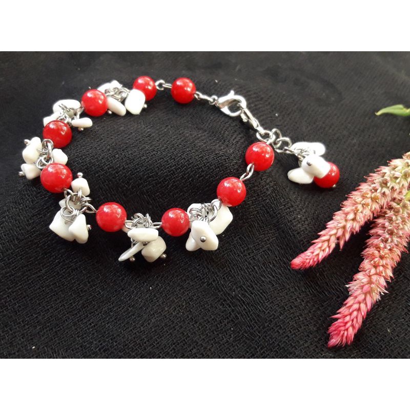 Gelang konektor masker batu alam red coral marjan asli kombinasi titanium putih cantik elegan