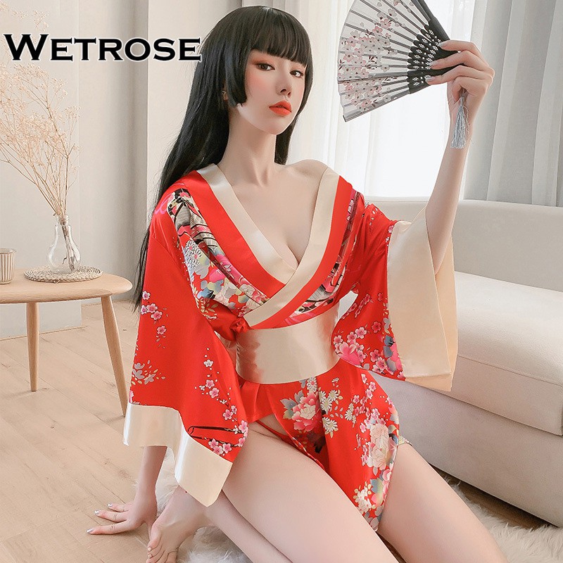 【Wetrose】Sexy Deep V Print Sexy Cosplay Japanese Kimono Elegant Charming Robe Lingerie Suit