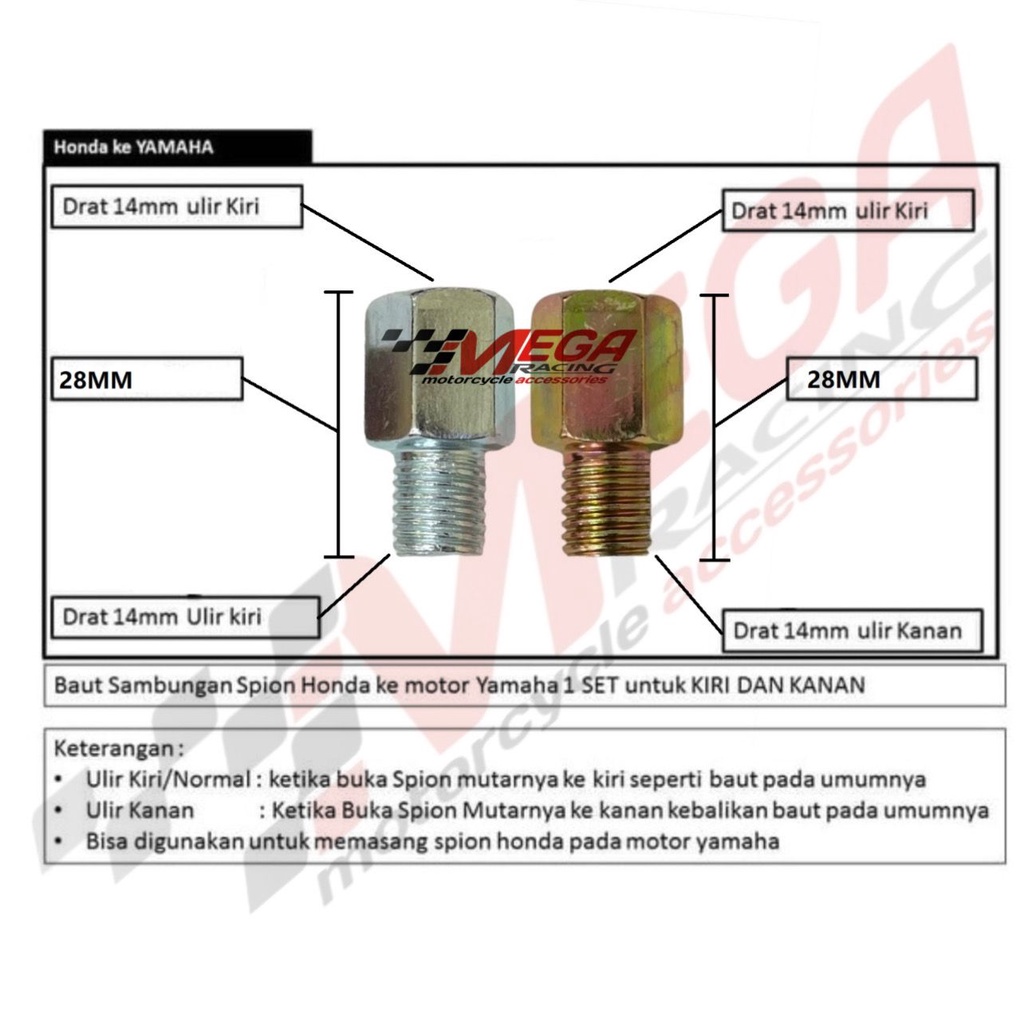 Baut Sambungan Spion Motor Yamaha Spion H0ND4 Peninggi Baut 14 Drat Ulir Kiri Kanan