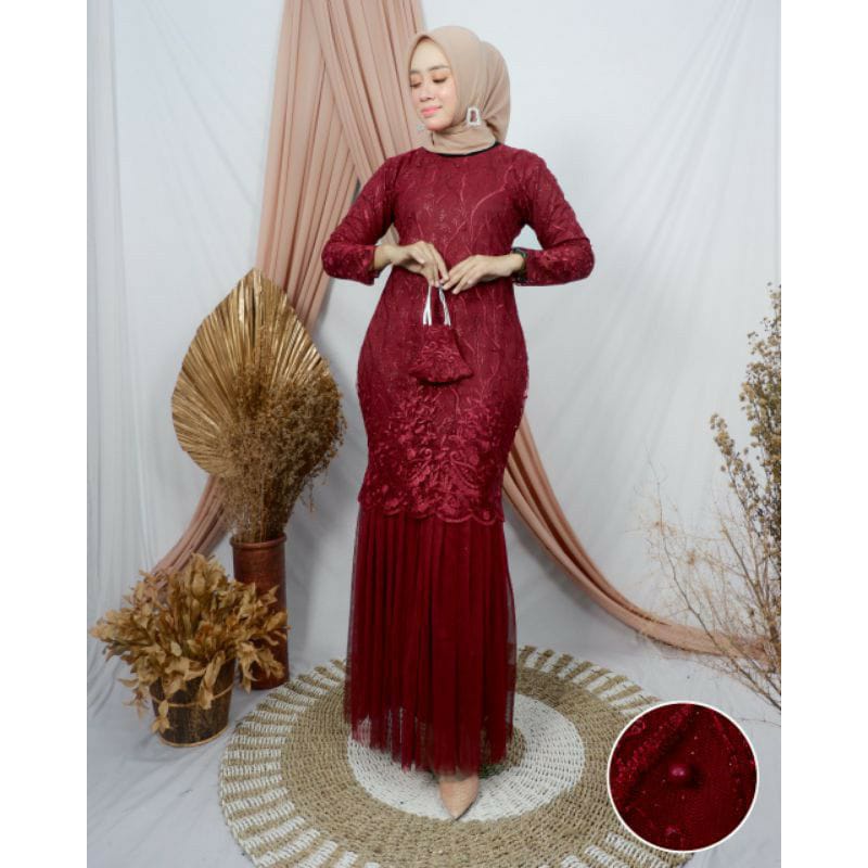 RED LOVE 136/(TERMURAH)/ GAMIS DUYUNG TUTU BRUKAT TILE MUTIARA / GAMIS FASHION PESTA / GAMIS KEBAYA 