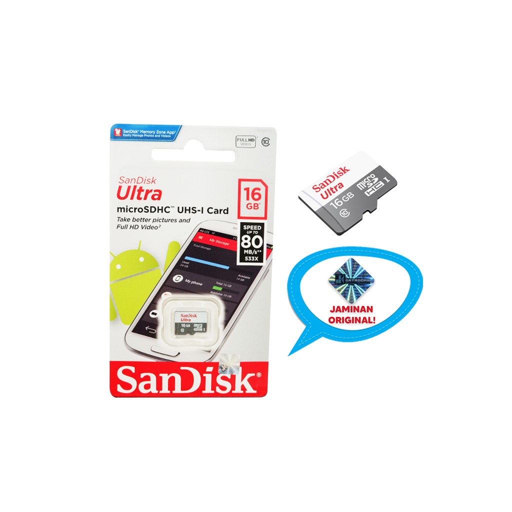 ORIGINAL SANDISK ULTRA MICROSD 16GB 80MB/S UHS-I MICRO SD CLASS 10