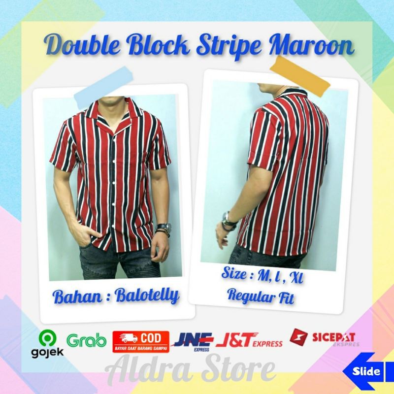 Kemeja Casual Motif Salur Garis Garis Stripe Pria Lengan Pendek Merah Maroon
