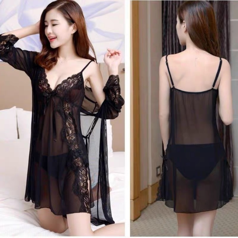 Lingerie Wanita Lace Baju Tidur Babydoll transparan Sexy Set Piyama Ukuran Besar A256