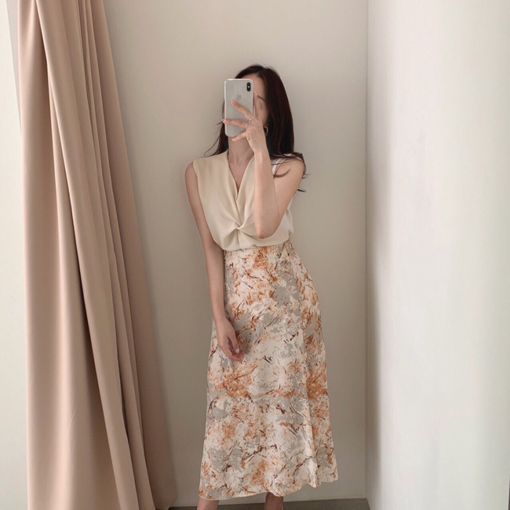 [FG] Soft Tone Silk Top & Marble Skirt Set SET6340-1