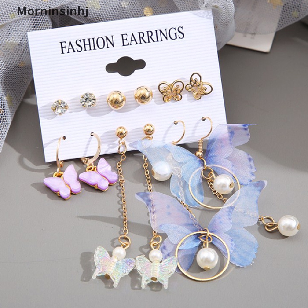 6 Pasang / Set Anting Stud Bentuk Hati Butterfly Aksen Mutiara Warna Emas Untuk Wanita