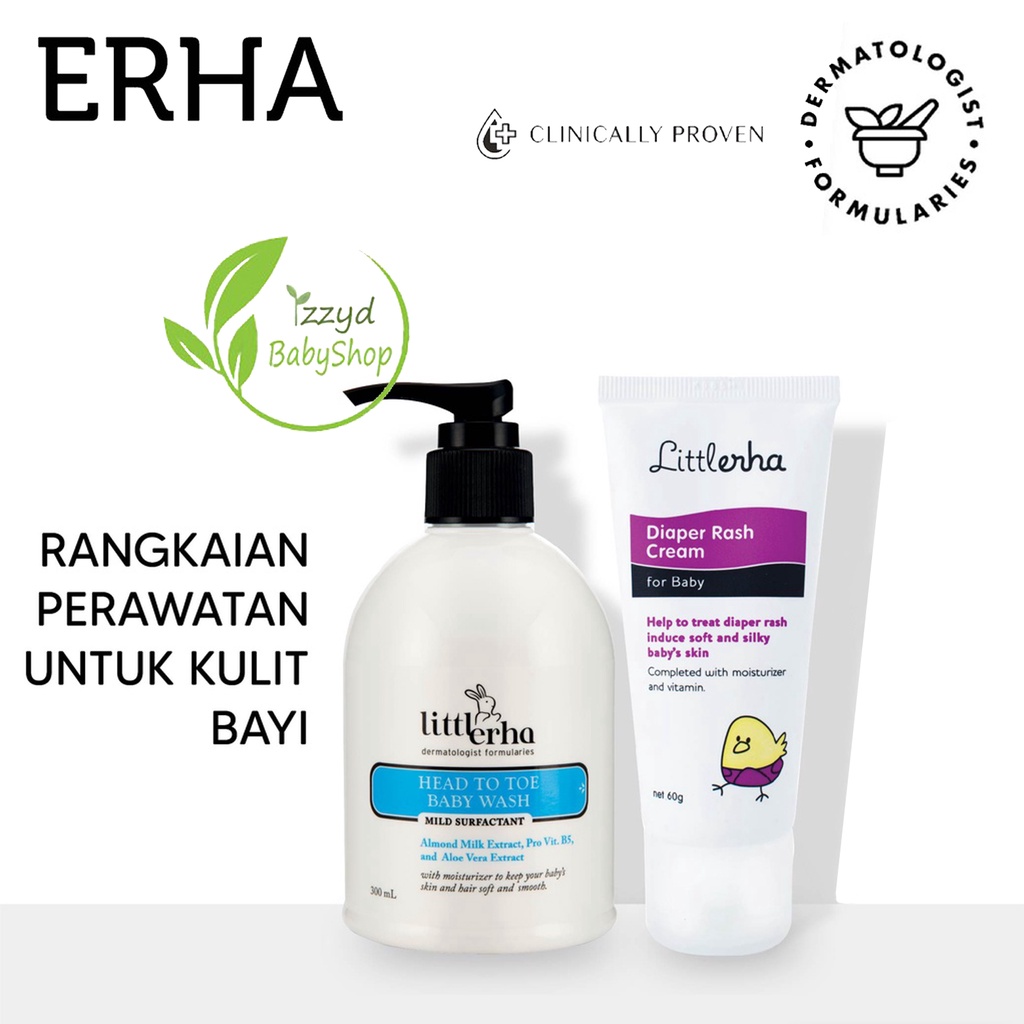 Little Erha Head to Toe Baby Wash 300 ml - Shampoo &amp; Sabun Bayi / Diaper Rash Cream 60gr/Skin barrier body moisturizer 100gr Erha