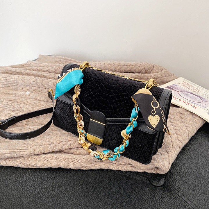 BJ81763 - BLACK/GRAY/GREEN/RED - TAS SLEMPANG SYAL SCARF TALI RANTAI IMPORT TAS WANITA FASHION IMPORT MODIS ELEGAN TERMURAH TERLARIS TERBARU BAGSTORE JAKARTA TAS BATAM GT1763