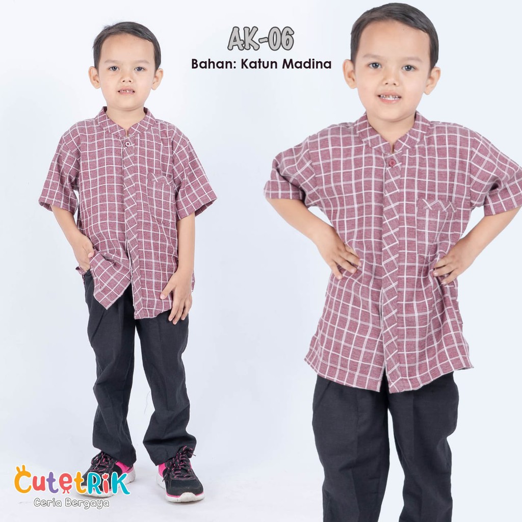 Baju koko atasan anak cutetrik motif kotak-kotak bahan katun madinah usia 3-12tahun