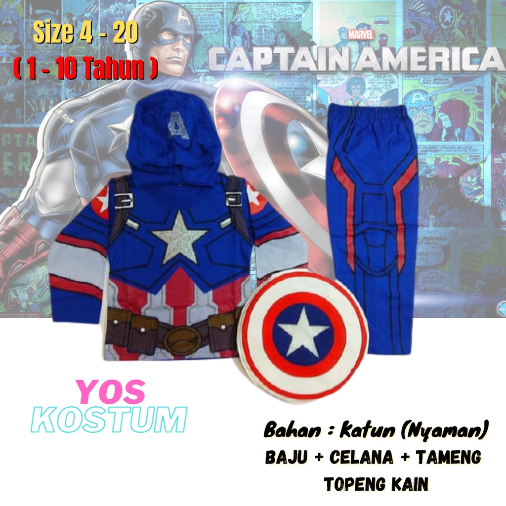 Kostum Superhero Anak Captain America III Baju Laki-Laki Superhero Setelan Panjang Topeng Tameng