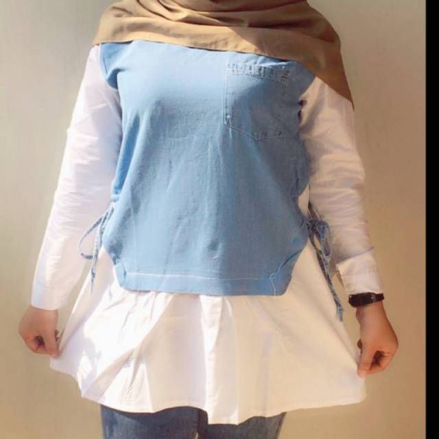 Atasan cewek blus kombinasi jeans premium  blus wanita