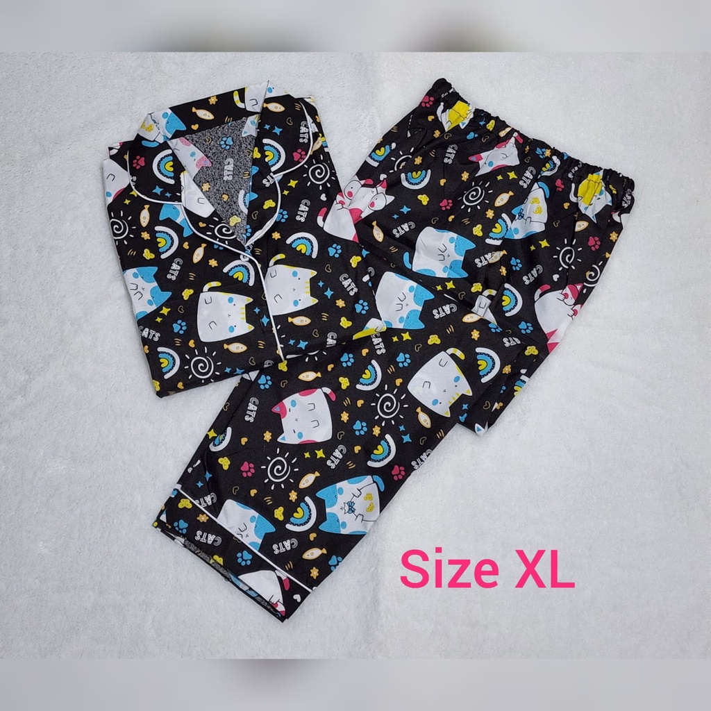 Baju Tidur Dewasa Gambar Lucu LD 104cm / Piyama Katun Lengan Pendek Celana Panjang CP-CP CAT MINI HITAM XL