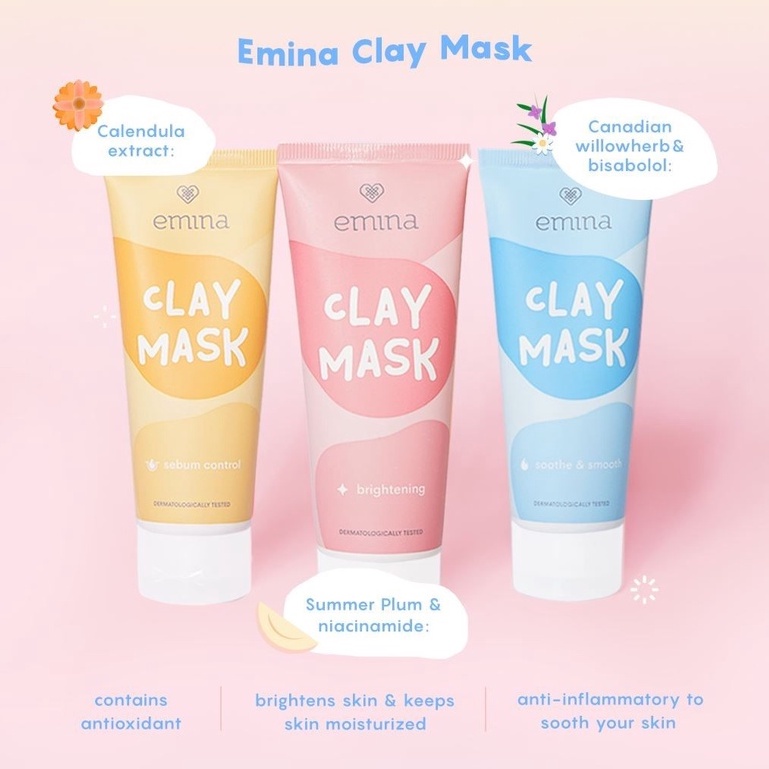 Emina Clay Mask Face Mask 60ML Brigtening Sebum Control Soothe Smooth / Perawatan Wajah Masker Wajah Avocado Cranberry Green Tea Grape Seed