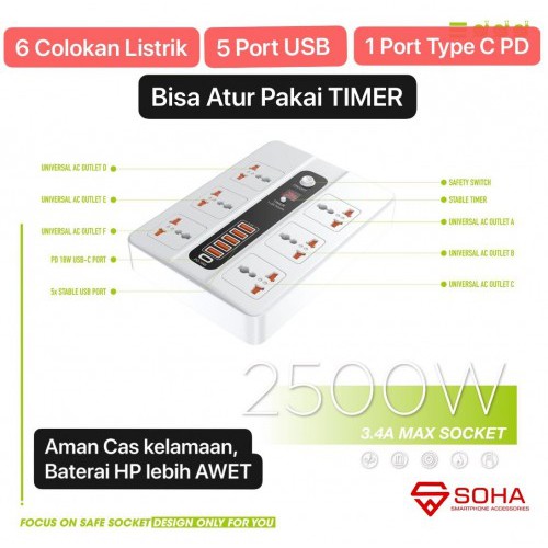 SOHA BKL-11 Stop Kontak Pakai Waktu / Power Socket Timer + 5 USB Port 3.4A &amp; Qualcomm Multi Port