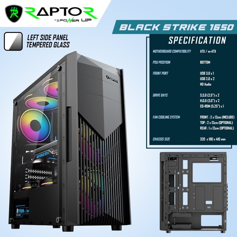 Casing Raptor Strike 1650 Free 2 Fan RGB ATX - Hitam