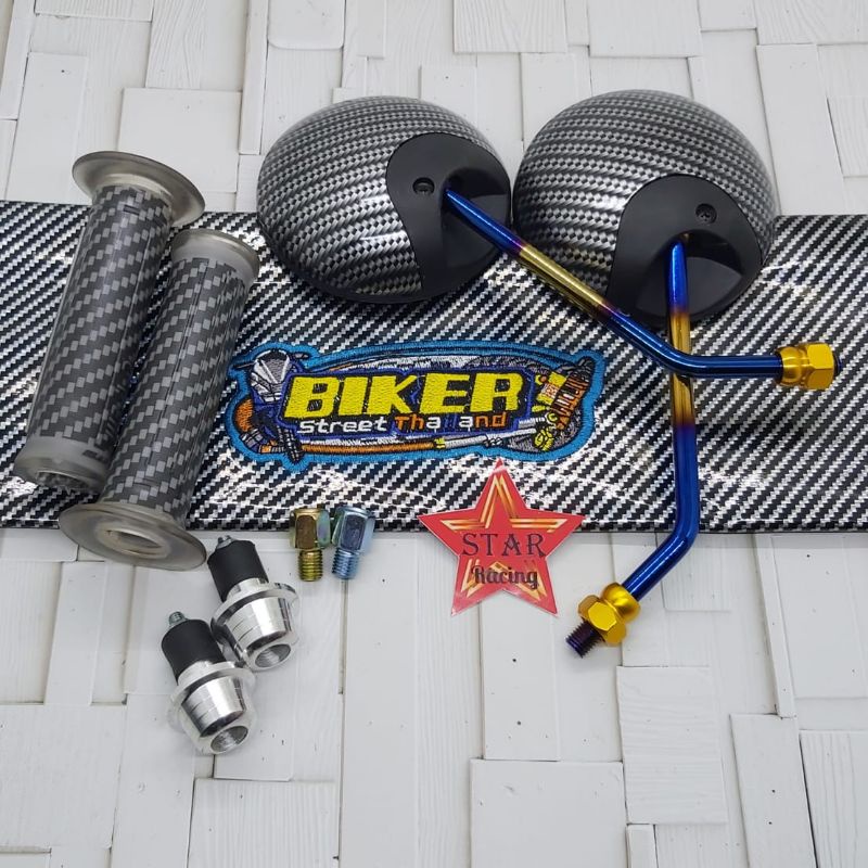 spion bulat Scoopy Carbon twotone+kulit jok biker+handgrip Carbon+Jalu stang universal motor Honda