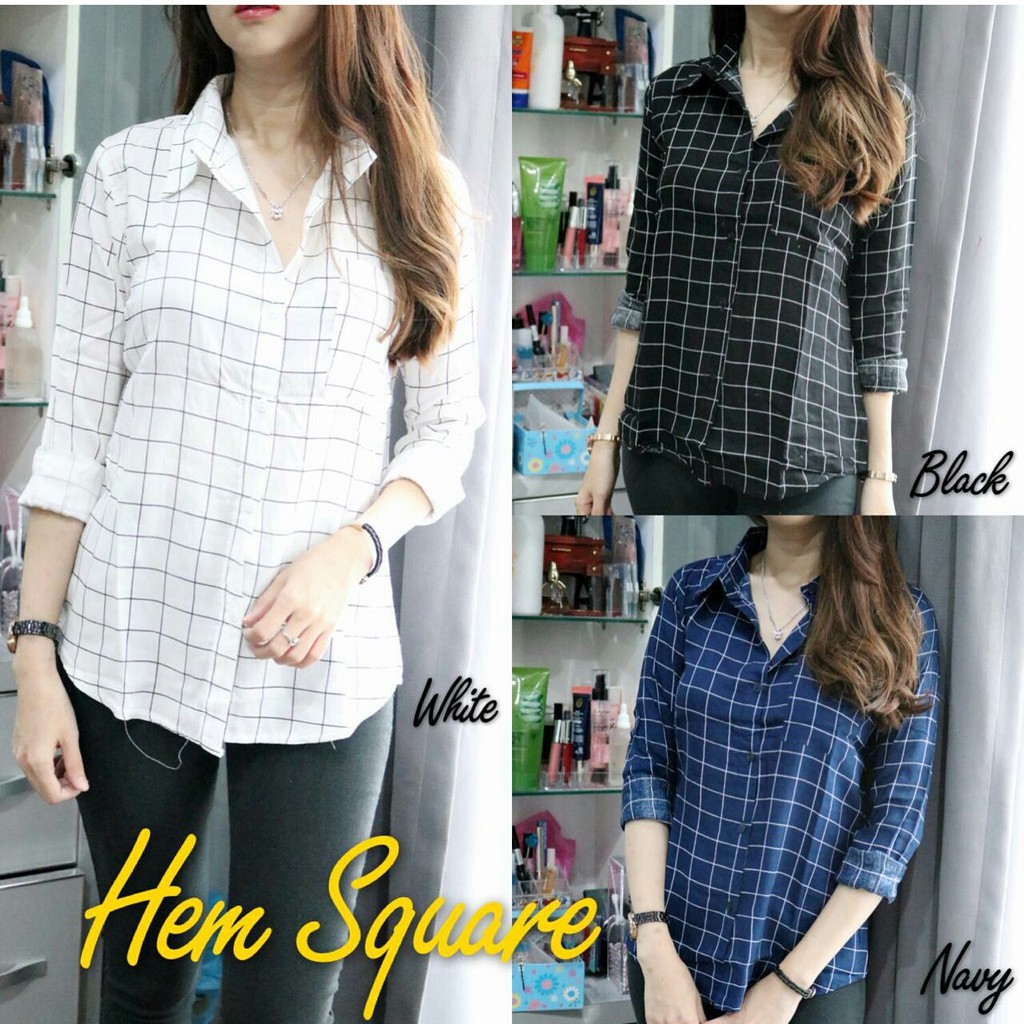 HOPYLOVY - Kemeja Wanita Basic Hem Square