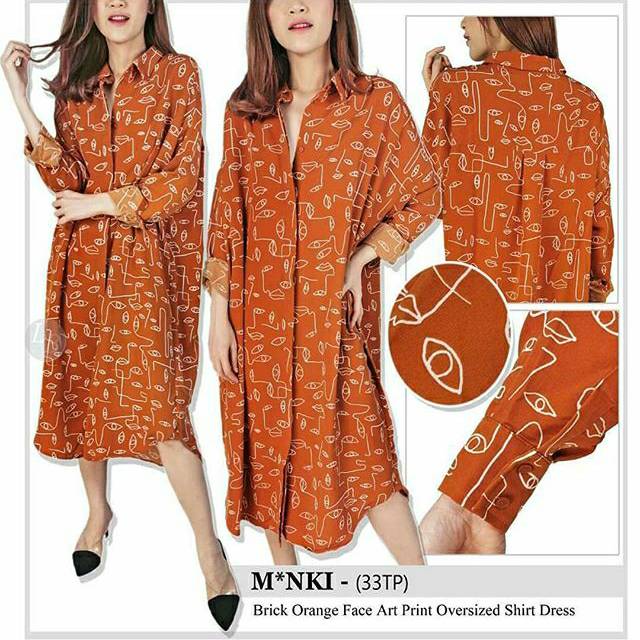 Monki brick orange face art print oversized shirt dress