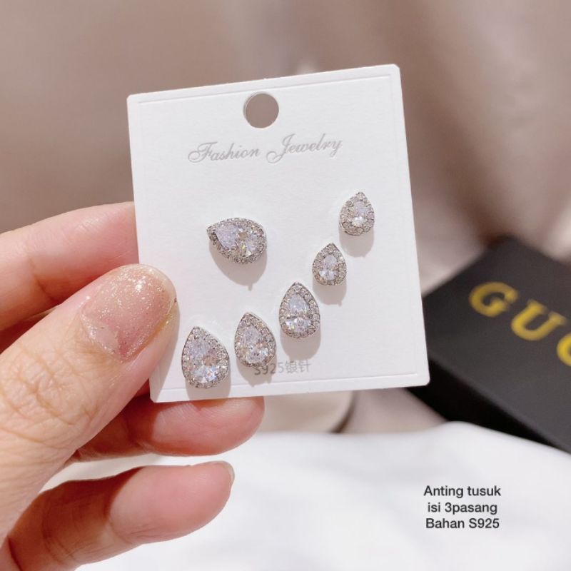 Anting Silver925 Perak Mata Kilau isi 3set anting silver Anti Karat anti alergi berlian kilap AN407