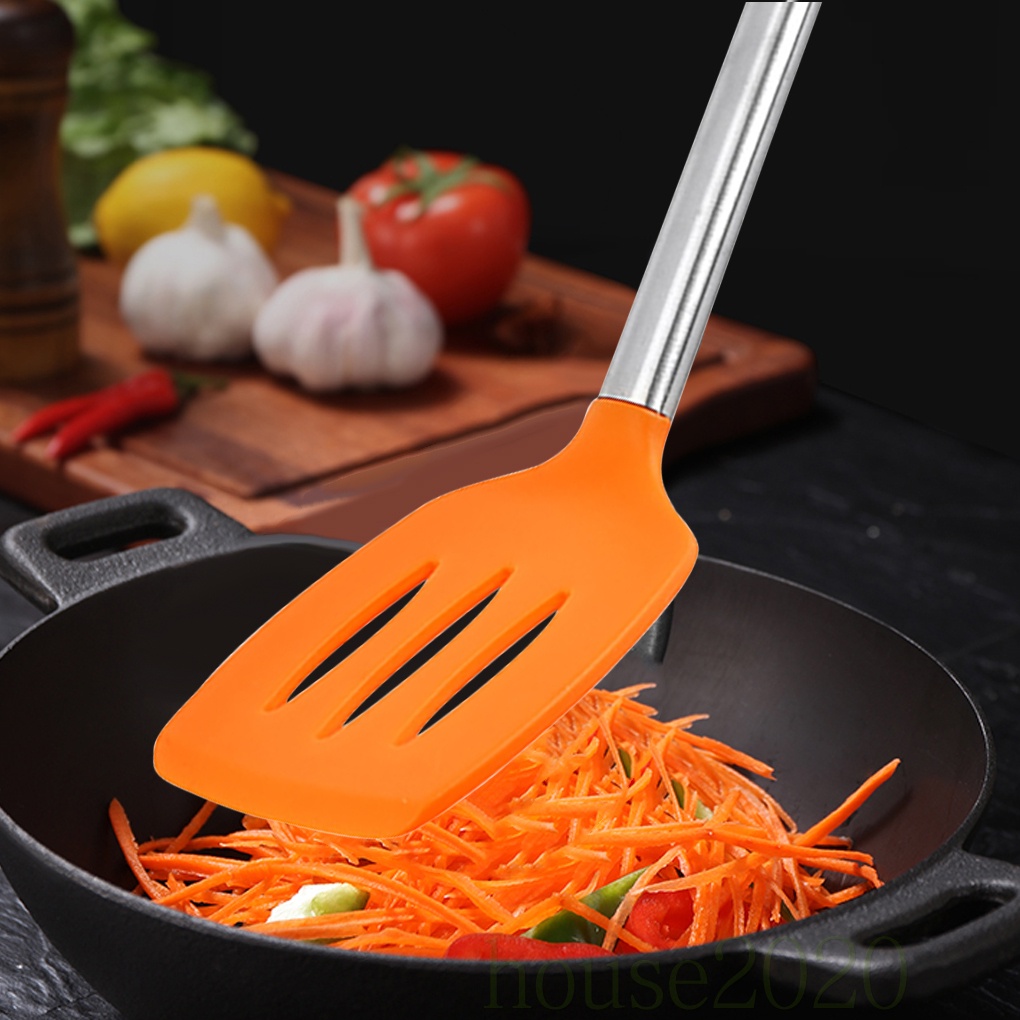 (House2020) Spatula Slotted Turner Bahan Silikon Flexible Warna Oranye
