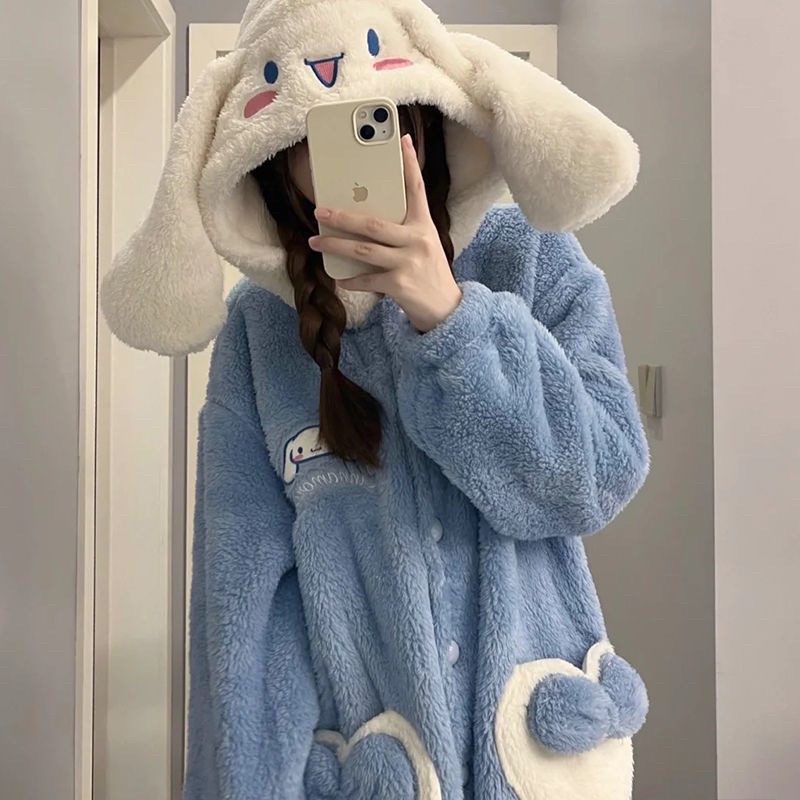 Piyama import wanita sanrio pajamas winter hangat fur bulu oversized onesie baju tidur cewek cinnamonroll