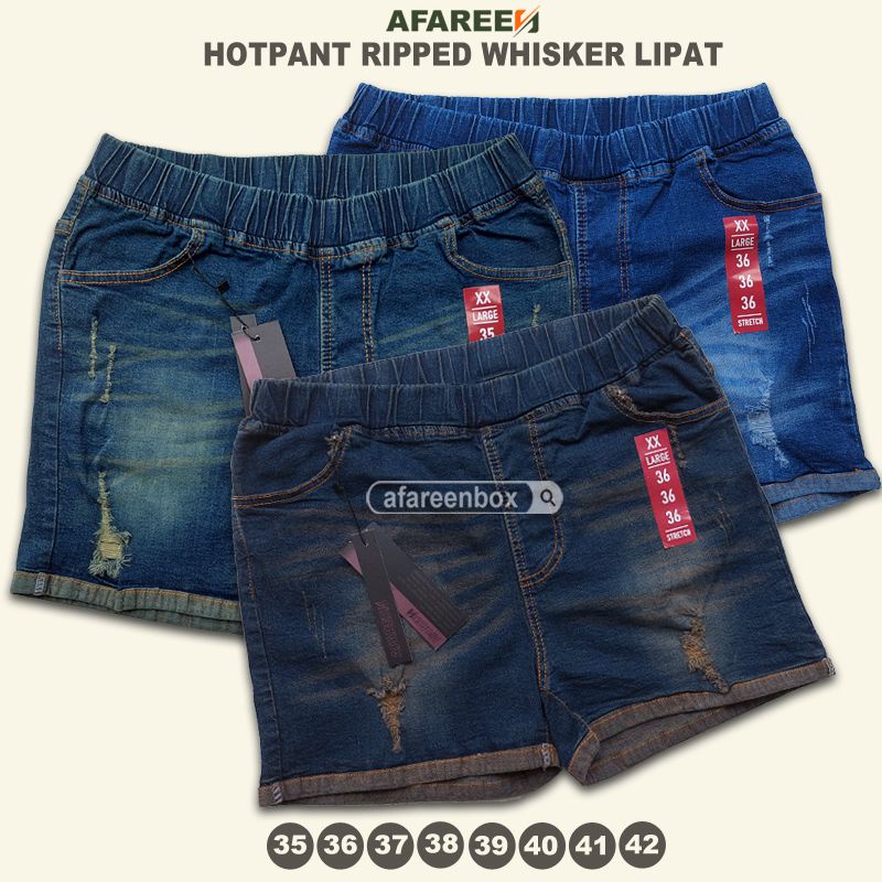 AFAREEN - Hotpant Jeans Ripped Whisker Stretch/ Melar Celana Pendek Jeans Wanita Korean Style Big Size Jumbo size 35-42