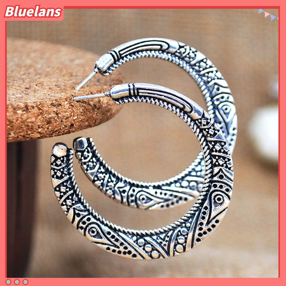 Anting Hoop Bentuk Lingkaran Besar Motif Ukir Gaya Vintage Tibet Untuk Wanita